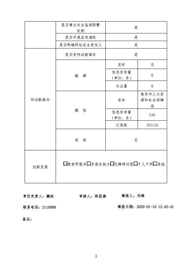 焦作市人社局2024年度政府网站工作年度报表