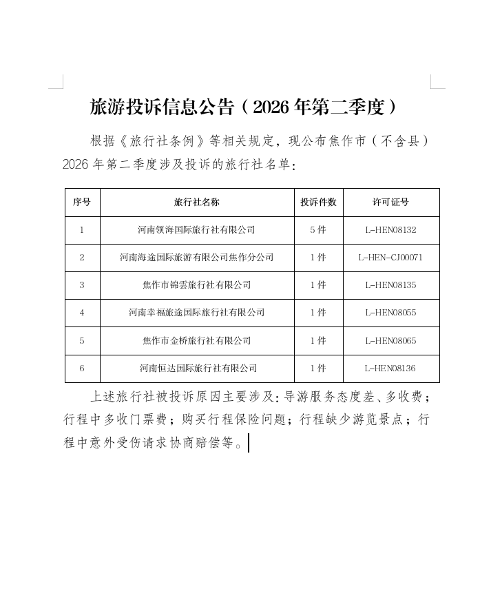旅游投诉信息公告（2026年第二季度）