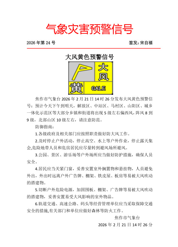大风黄色预警信号