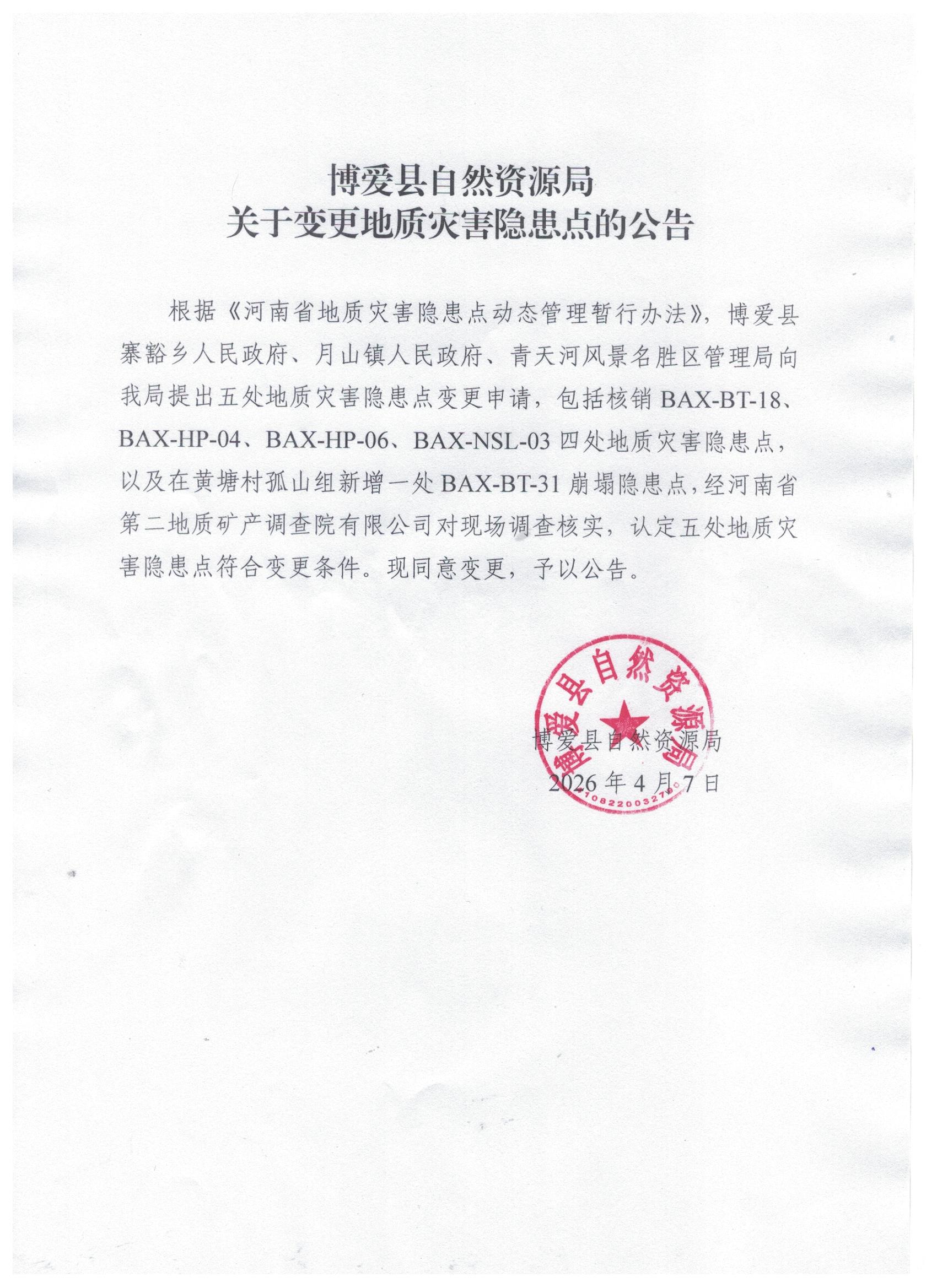 博爱县自然资源局<br>关于变更地质灾害隐患点的公告