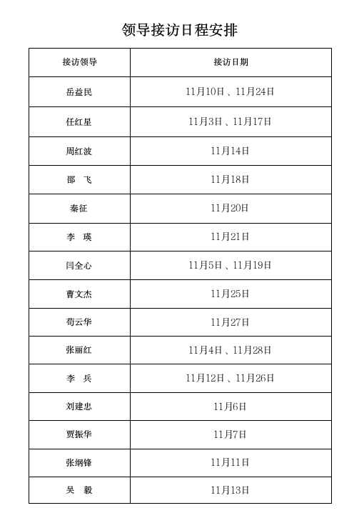11月份领导接访日程安排