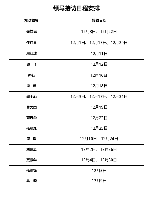 12月份领导接访日程安排
