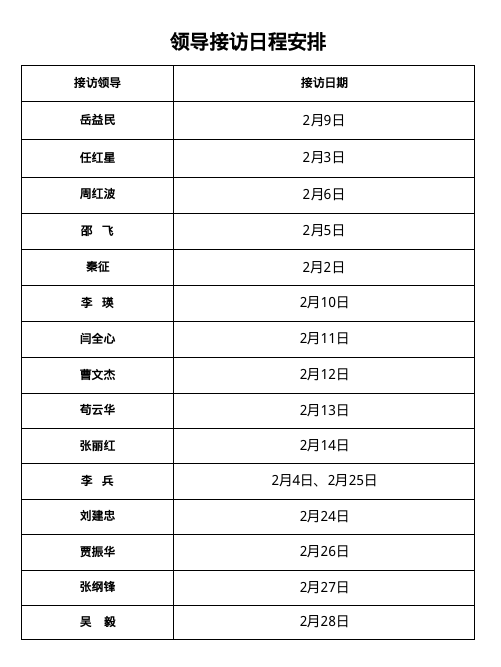 2月份领导接访日程安排