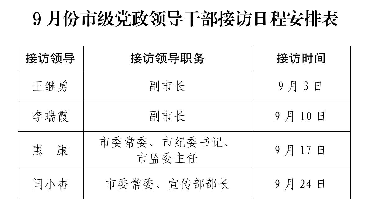 9月份市级党政领导干部接访日程安排表